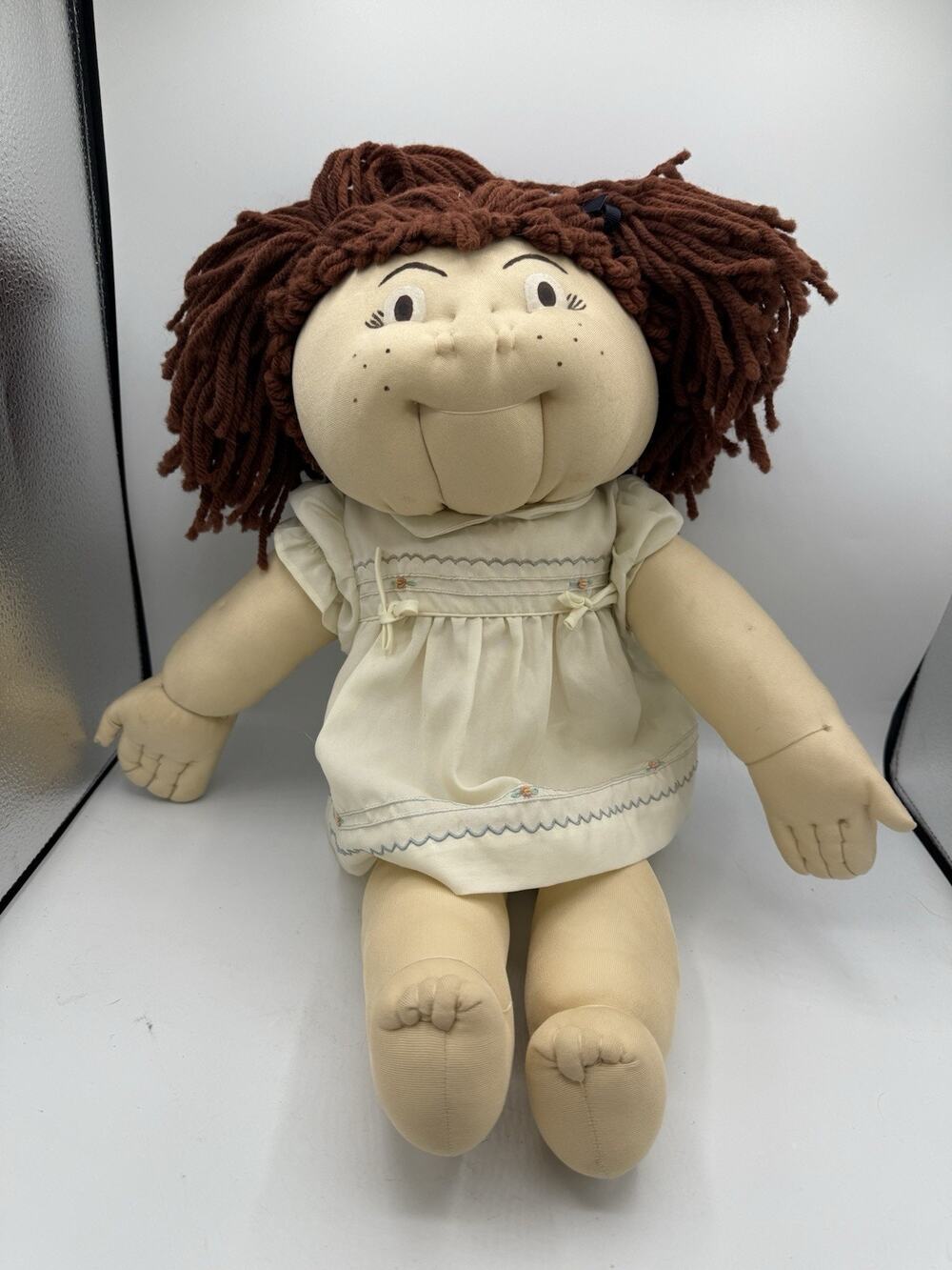 Vintage Handmade Cloth Doll 21” Rag Doll Yarn Hair Painted Face Folk Art